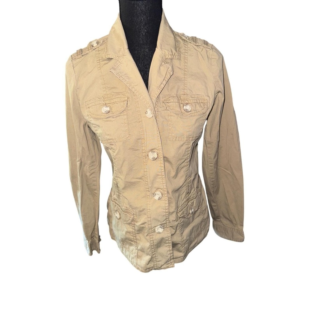 Faded Glory Women's Utility Jacket Sz S 4-6 Beige Khaki Button Front Y2K Revival